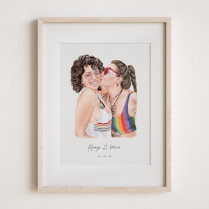May include: Watercolor portrait of two people embracing and kissing, wearing sunglasses and tank tops with rainbow stripes. The artwork is framed in a light wood frame, with the words "Always & Forever" and the date "01-09-24" below the image.