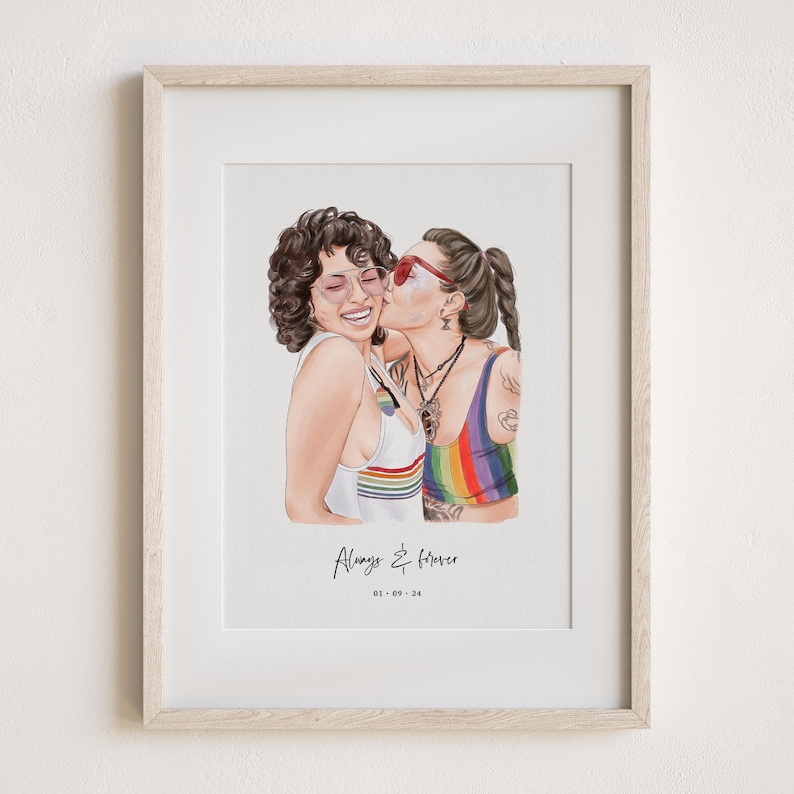 May include: Watercolor portrait of two people embracing and kissing, wearing sunglasses and tank tops with rainbow stripes. The artwork is framed in a light wood frame, with the words "Always & Forever" and the date "01-09-24" below the image.
