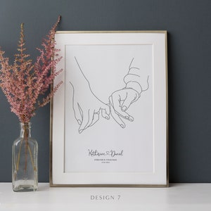 Vrouw en man hand in hand aangepaste print, Valentijnsdag pinky Hold schets, verlovingscadeaus voor haar, 1e verjaardag, vriendin cadeau
