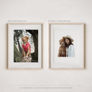 May include: Two framed portraits, one with a background of a forest and the other with a white background. The portraits feature a woman and her dog. The woman is wearing a white shirt and a straw hat. The dog is a golden retriever.