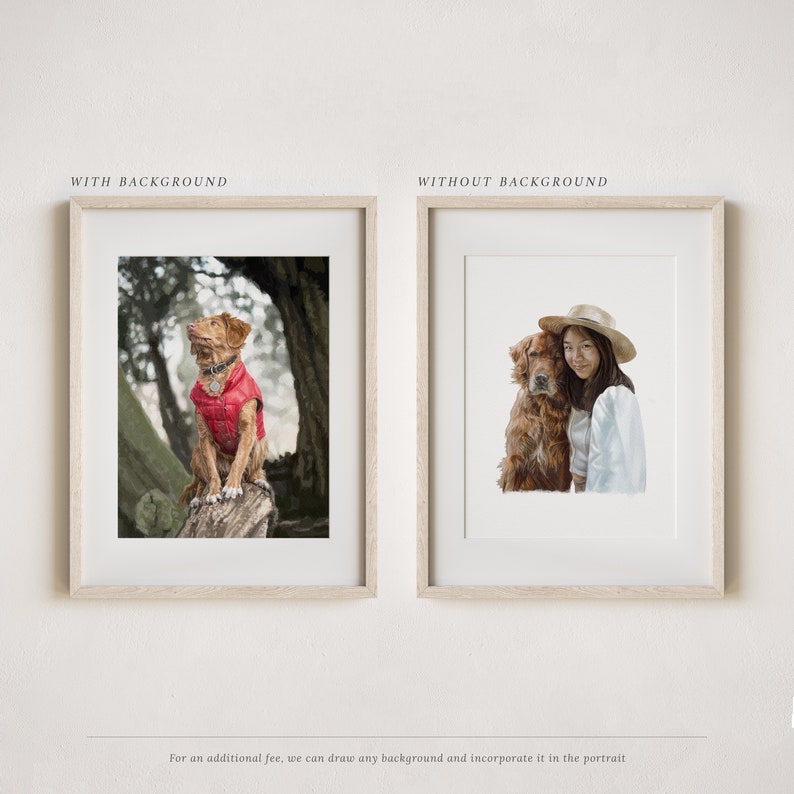 May include: Two framed portraits, one with a background of a forest and the other with a white background. The portraits feature a woman and her dog. The woman is wearing a white shirt and a straw hat. The dog is a golden retriever.