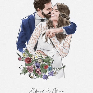 Puede incluir: Ilustraci&oacute;n en acuarela de una pareja abraz&aacute;ndose, el hombre con un traje azul y la mujer con un vestido blanco de encaje, sosteniendo un ramo de flores coloridas. Los nombres "Edward & Olivia" y la fecha "14.09.2022" est&aacute;n escritos debajo.