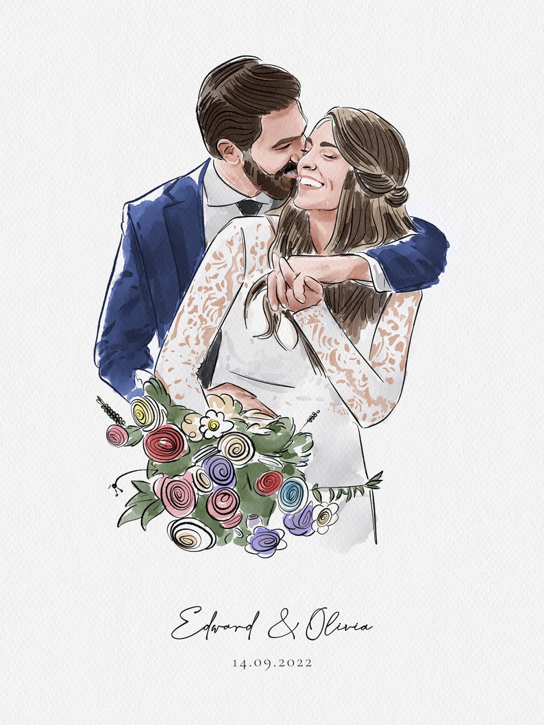 Puede incluir: Ilustraci&oacute;n en acuarela de una pareja abraz&aacute;ndose, el hombre con un traje azul y la mujer con un vestido blanco de encaje, sosteniendo un ramo de flores coloridas. Los nombres "Edward & Olivia" y la fecha "14.09.2022" est&aacute;n escritos debajo.