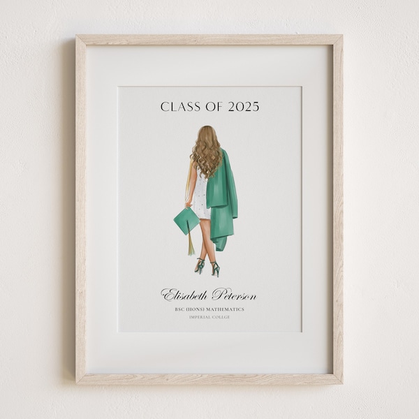 Retrato de graduación, lámina de graduación dibujada a mano, ilustración de recuerdo escolar, regalo de graduación, regalo de graduación para ella