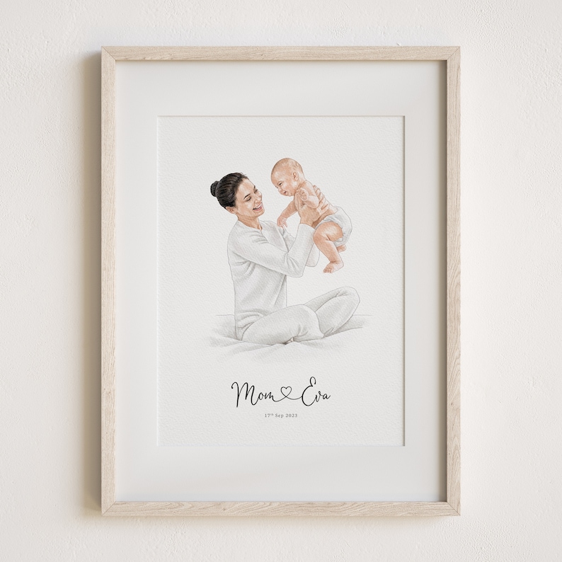 May include: A watercolor illustration of a mother holding her baby in the air. The mother is wearing a white long-sleeved shirt and the baby is wearing a white diaper. The illustration is framed in a light wood frame. The text "Mom & Eva 17th Sep 2023" is written below the illustration.