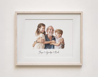 Personalized Grandfather Portrait, Hand-Drawn Artwork, Custom Grandpa Gift for Birthday, Father's Day Gift for Grandad, Grandkids Gift, HD2