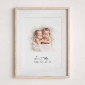 May include: A watercolor painting of two newborn babies, Luna and Mona, cuddling together. The painting includes their birth dates, times, weights, and lengths.