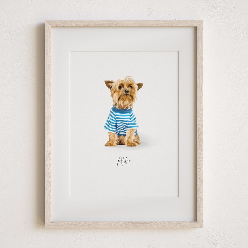 May include: A framed print of a Yorkshire Terrier wearing a blue and white striped shirt. The dog is sitting and looking up. The print is titled "Alfie".