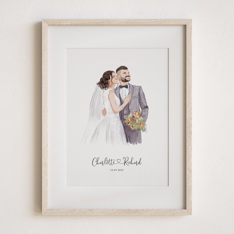 Hochzeitsportrait Gemälde vom Foto, Geschenk zum 1.Jahrestag, Geschenk für Sie/Ihn, Paargeschenk, Verlobungsgeschenk, Handgezeichnete Illustration Bild 1