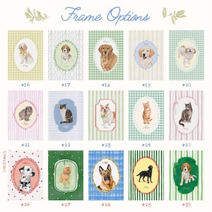 May include: A collection of framed pet portraits, featuring dogs and cats in various breeds and poses. Each portrait is set against a patterned background, with options numbered from 16 to 30. The text "Frame Options" is displayed at the top.
