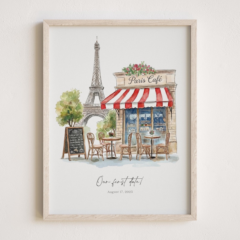Our First Date Venue Portrait, Custom Watercolor Couple Drawing, Anniversary Keepsake, Valentine Gift for Her Him, Restaurant Sketch image 4