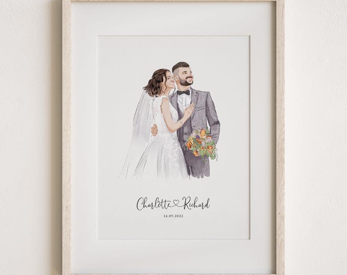 Custom Wedding Portrait - Painting from Photo, 1st Anniversary Gift, Gift for Her/Him, Couple Gift, Engagement Gift, Hand Drawn Illustration