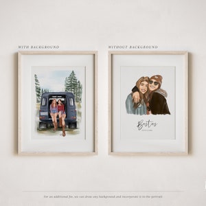 May include: Two friends are sitting in the back of a vintage car in a watercolor illustration. The car is surrounded by trees. The illustration is framed in a light wood frame. The text "Bestes" is written below the friends in the second image.