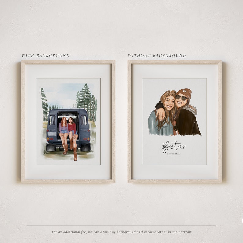 May include: Two friends are sitting in the back of a vintage car in a watercolor illustration. The car is surrounded by trees. The illustration is framed in a light wood frame. The text "Bestes" is written below the friends in the second image.