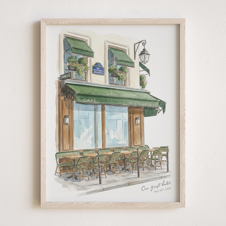 Our First Date Venue Portrait, Custom Watercolor Couple Drawing, Anniversary Keepsake, Valentine Gift for Her Him, Restaurant Sketch image 3