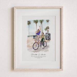 May include: A watercolor illustration of two women riding a purple bicycle in front of palm trees. The text "Charlotte & Amelia, We'll be the old ladies causing trouble in the morning home" is below the image.