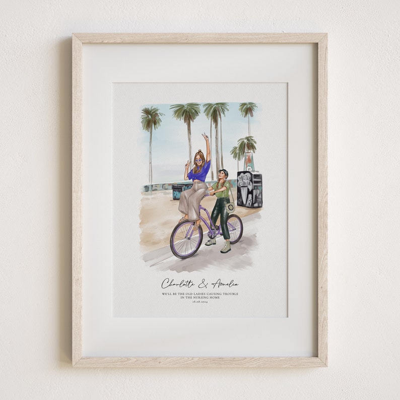 May include: A watercolor illustration of two women riding a purple bicycle in front of palm trees. The text "Charlotte & Amelia, We'll be the old ladies causing trouble in the morning home" is below the image.