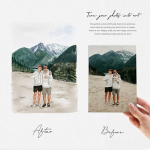 May include: Before and after image showing a photo of two people standing in front of a mountain range, and a hand-drawn illustration of the same photo. The illustration is in a watercolor style.