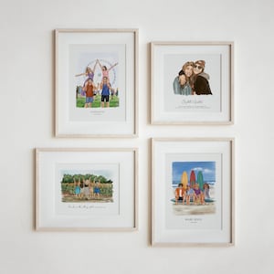 May include: Four framed illustrations of different groups of people in various locations. The top left image shows a group of three people in front of the London Eye. The top right image shows two people in front of a text that says "Bridget & Scarlett". The bottom left image shows four people in a field with the text "Friends are the family you get to choose". The bottom right image shows four people sitting on the beach with the text "Baluru Beach".