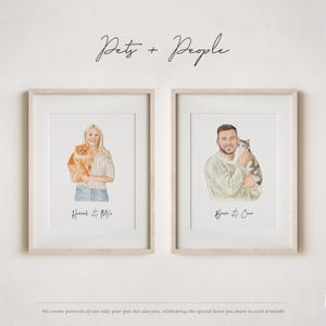 May include: Two framed illustrations of people with their pets. The first illustration shows a woman with a small orange dog. The second illustration shows a man with a cat. The text below each illustration reads "Hannah & Mo" and "Bran & Coco".