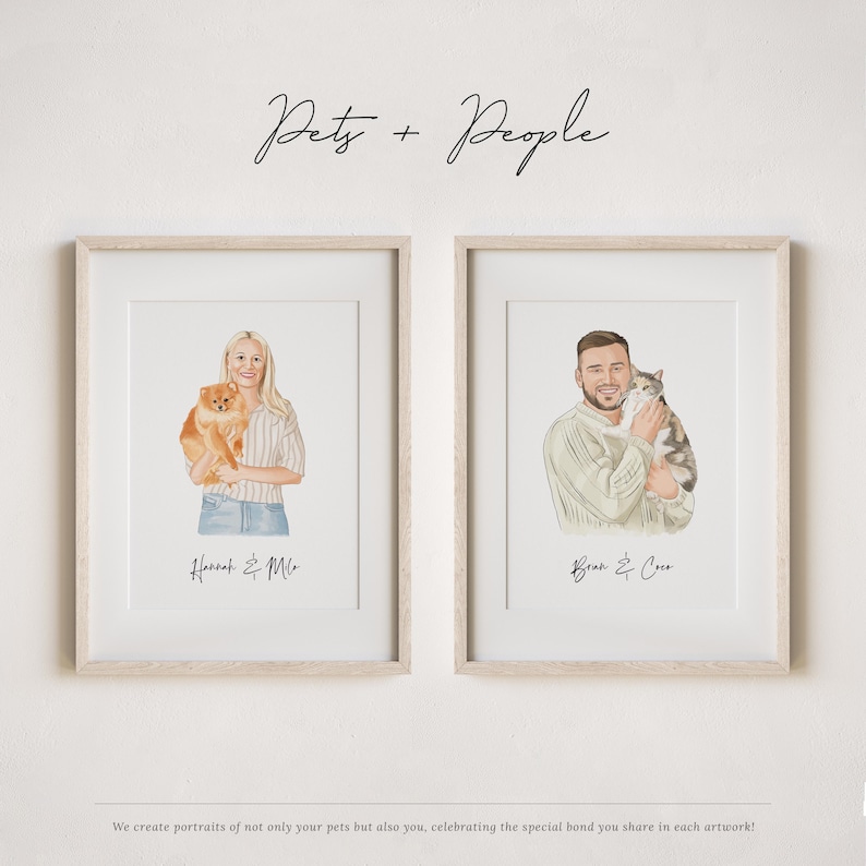 May include: Two framed illustrations of people with their pets. The first illustration shows a woman with a small orange dog. The second illustration shows a man with a cat. The text below each illustration reads "Hannah & Mo" and "Bran & Coco".