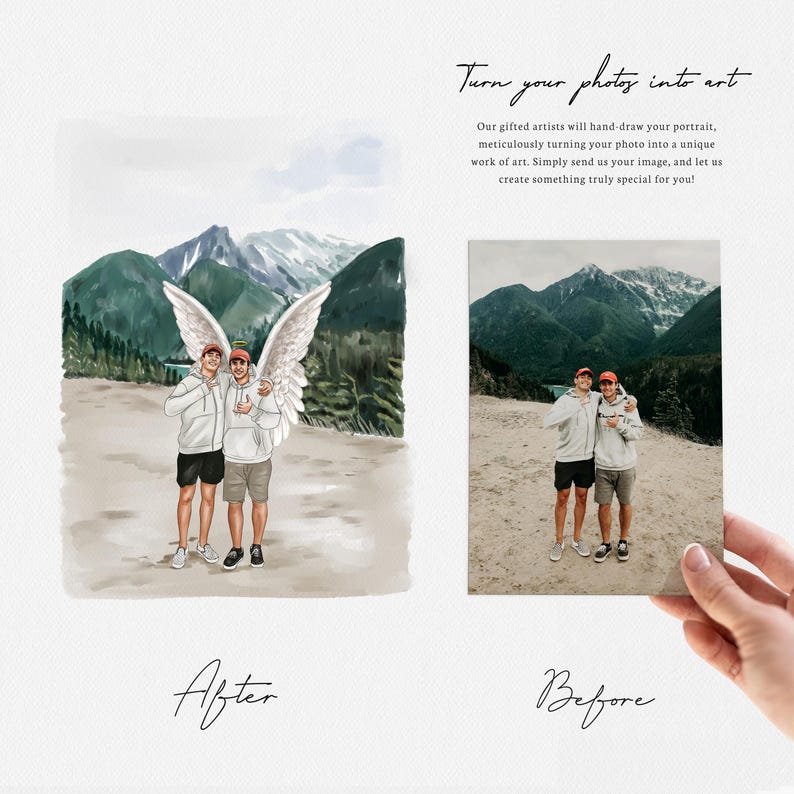 May include: A before and after image showing a digital painting of two people with angel wings. The original photo shows two people standing in front of a mountain range.