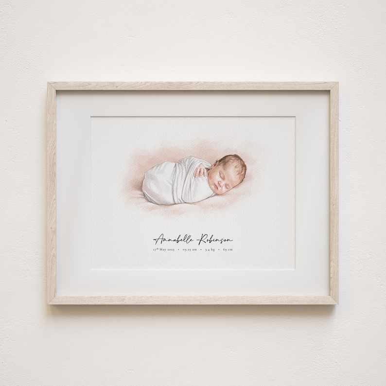 May include: A framed watercolor illustration of a sleeping baby wrapped in a white blanket. The baby's name, "Annabelle Robinson", and birth date, "27th May 2023", are written below the illustration.
