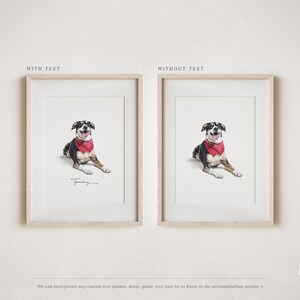 May include: Two framed illustrations of a black and white dog wearing a red bandana. The illustration on the left includes the text "Treening".