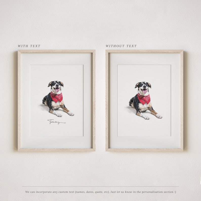 May include: Two framed illustrations of a black and white dog wearing a red bandana. The illustration on the left includes the text "Treening".