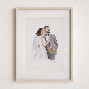 May include: A watercolor painting of a couple in wedding attire. The bride is wearing a white dress with a veil and the groom is wearing a gray suit with a black bow tie. They are holding a bouquet of flowers.