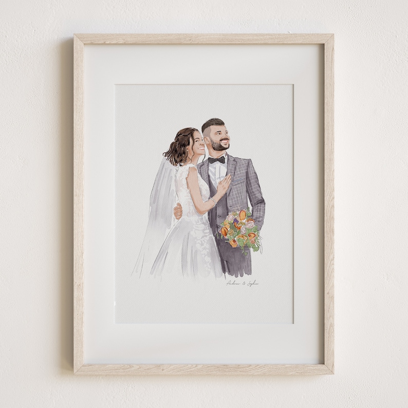 May include: A watercolor painting of a couple in wedding attire. The bride is wearing a white dress with a veil and the groom is wearing a gray suit with a black bow tie. They are holding a bouquet of flowers.