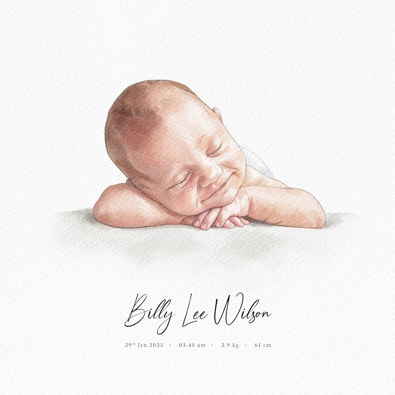 May include: Watercolor painting of a newborn baby sleeping on their stomach with their arms crossed under their chin. The baby has a light complexion and is wearing a white onesie. The text "Billy Lee Wilson" is written below the baby, along with the date and time of birth: "29th Jan 2023, 03:45 am, 2.9 kg, 61 cm."
