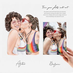 May include: A digital art portrait of two people, one kissing the other on the cheek. The subjects wear sunglasses and rainbow-striped tops. The image is presented with a "Before" and "After" comparison, with text that reads "Turn your photos into art."