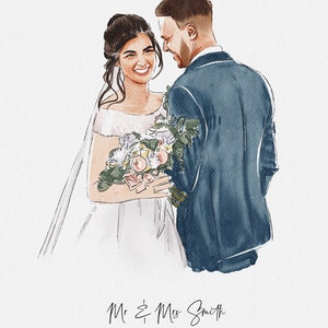 Puede incluir: Ilustraci&oacute;n en acuarela de una pareja de reci&eacute;n casados. La novia, con vestido blanco y velo, sonr&iacute;e y sostiene un ramo. El novio lleva un traje azul. El texto dice "Mr & Mrs Smith" y "14.02.2023".