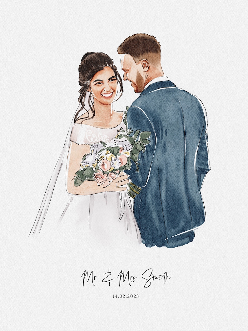 Puede incluir: Ilustraci&oacute;n en acuarela de una pareja de reci&eacute;n casados. La novia, con vestido blanco y velo, sonr&iacute;e y sostiene un ramo. El novio lleva un traje azul. El texto dice "Mr & Mrs Smith" y "14.02.2023".
