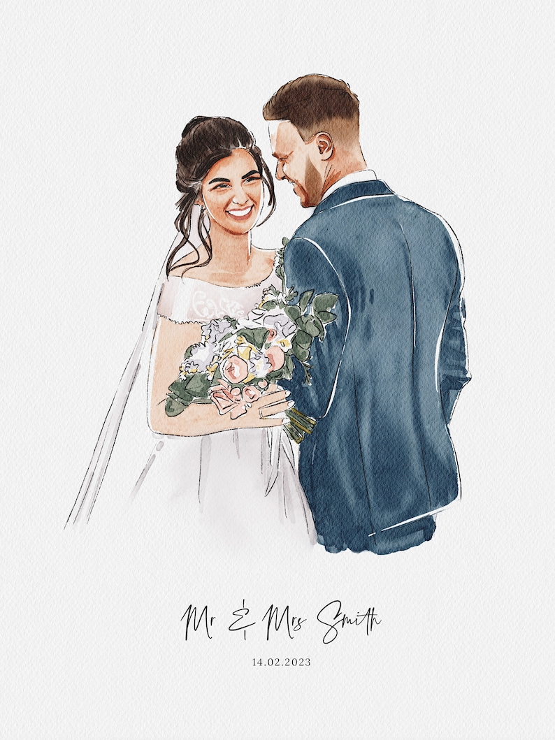 Hochzeitsportrait Gemälde vom Foto, Geschenk zum 1.Jahrestag, Geschenk für Sie/Ihn, Paargeschenk, Verlobungsgeschenk, Handgezeichnete Illustration Bild 3