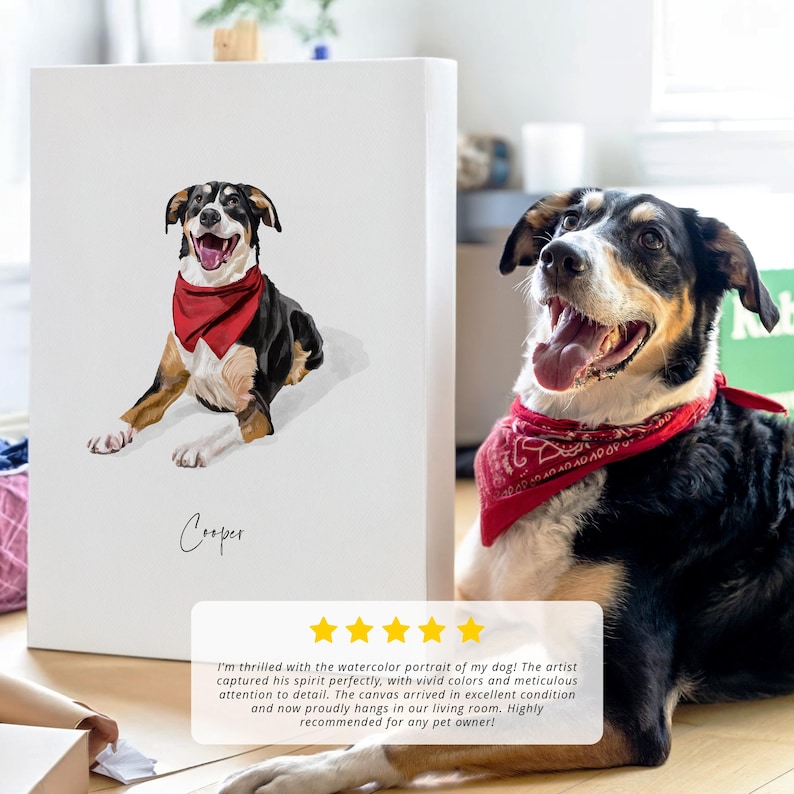 May include: A watercolor painting of a dog named Cooper, with a red bandana, sitting on a white canvas. The painting is framed and hanging on a wall. The dog is looking to the right. The painting is surrounded by a five-star review.