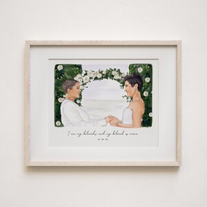May include: A framed watercolor print of two people holding hands, with a floral arch in the background. The print includes the text "I am my beloved's, and my beloved is mine" and a date.