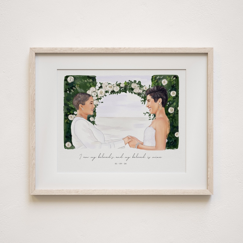 May include: A framed watercolor print of two people holding hands, with a floral arch in the background. The print includes the text "I am my beloved's, and my beloved is mine" and a date.