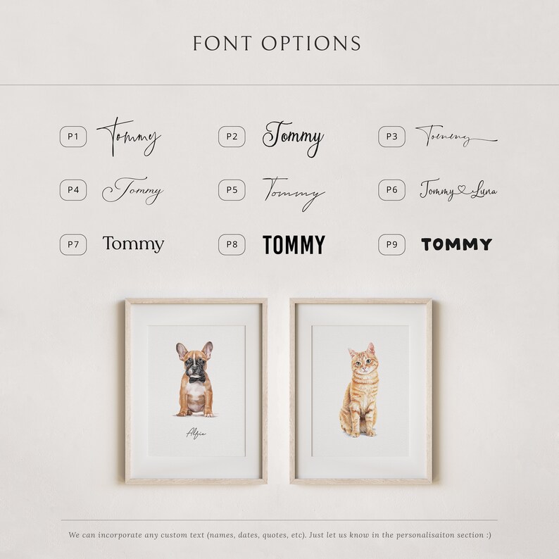 May include: Nine different font options for the name "Tommy" are displayed in a grid. The fonts range from cursive to bold and blocky. The name "Tommy" is also shown in a heart design with the name "Luna" next to it.