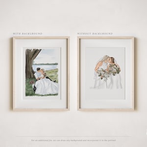 May include: Two framed watercolor portraits. One shows a couple under a tree, the other a same-sex couple. The portraits are in light wood frames. Text at the top reads "WITH BACKGROUND" and "WITHOUT BACKGROUND".