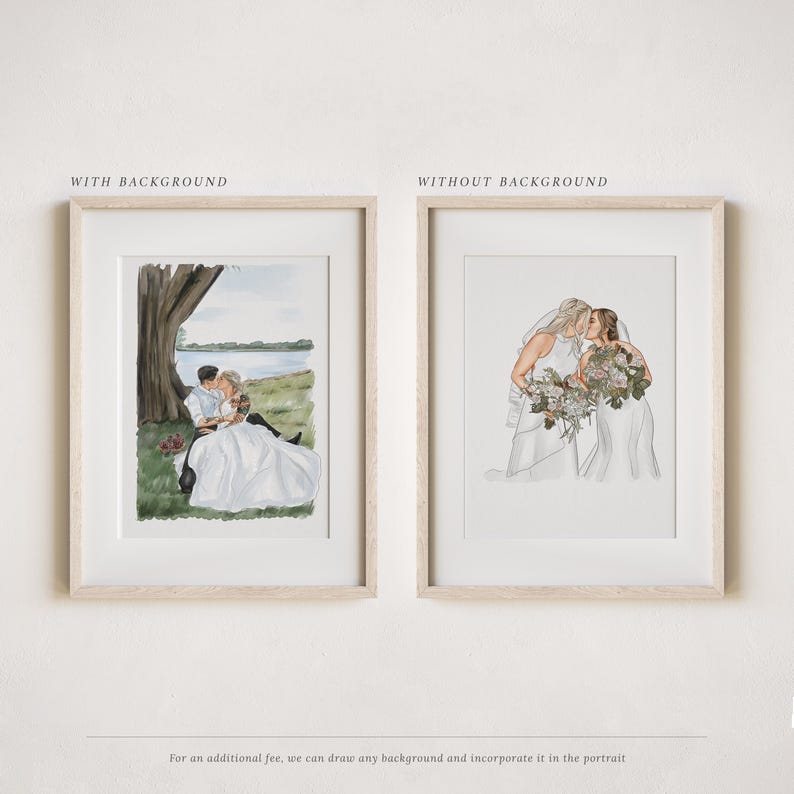 May include: Two framed watercolor portraits. One shows a couple under a tree, the other a same-sex couple. The portraits are in light wood frames. Text at the top reads "WITH BACKGROUND" and "WITHOUT BACKGROUND".