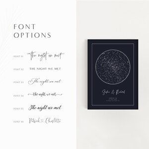 May include: A black and white image of a star map with the text "Sophie & Richard" and "LONDON, UK" below the map. The text "The night we met" is shown in six different fonts.