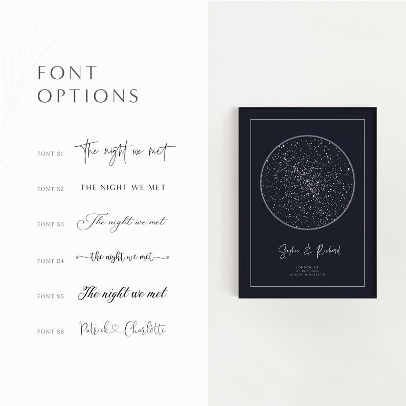May include: A black and white image of a star map with the text "Sophie & Richard" and "LONDON, UK" below the map. The text "The night we met" is shown in six different fonts.