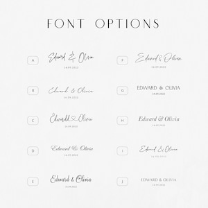 May include: A graphic displaying ten font options for the names "Edward & Olivia" and the date "14.09.2022". The fonts range from elegant cursive to bold, all-caps styles, with each option labeled A through J.