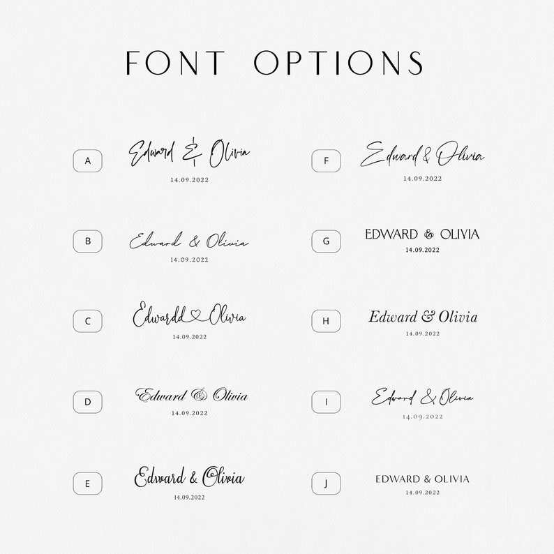 May include: A graphic displaying ten font options for the names "Edward & Olivia" and the date "14.09.2022". The fonts range from elegant cursive to bold, all-caps styles, with each option labeled A through J.