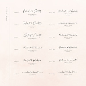 May include: A display of twelve font options for wedding stationery. Each sample features the names "Richard & Charlotte" and "Norfolk House" with a date. The fonts vary in style, from elegant scripts to classic serif fonts, all in black.