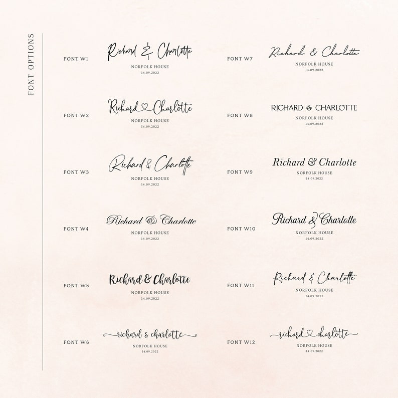 May include: A display of twelve font options for wedding stationery. Each sample features the names "Richard & Charlotte" and "Norfolk House" with a date. The fonts vary in style, from elegant scripts to classic serif fonts, all in black.