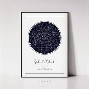 May include: A black and white star map print with the names "Sophie" and "Richard" and the date "14th February 2020" printed below the map. The text "LONDON, UK" and coordinates are also printed below the date.
