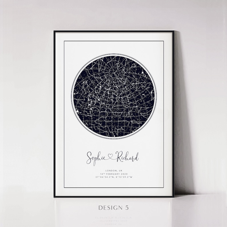 May include: A black and white star map print with the names "Sophie" and "Richard" and the date "14th February 2020" printed below the map. The text "LONDON, UK" and coordinates are also printed below the date.